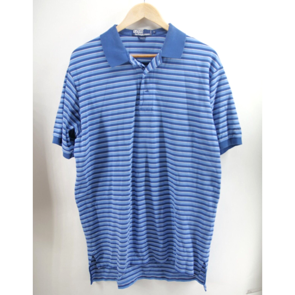 Vintage Ralph Lauren Polo Shirt Men Large Blue Striped Short‎ Sleeve Fine Cotton